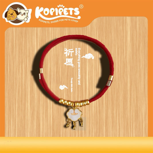 Chinese New Year Pet Collar - Lucky Longevity Lock Necklace for Dogs & Cats, Adjustable Red Rope with Gold Beads