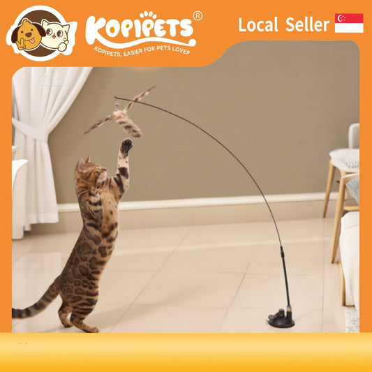 Suction Cup Cat Teaser Wand - Super Strong Stick with Bell & Feathers | Hands-Free OR Handheld Play