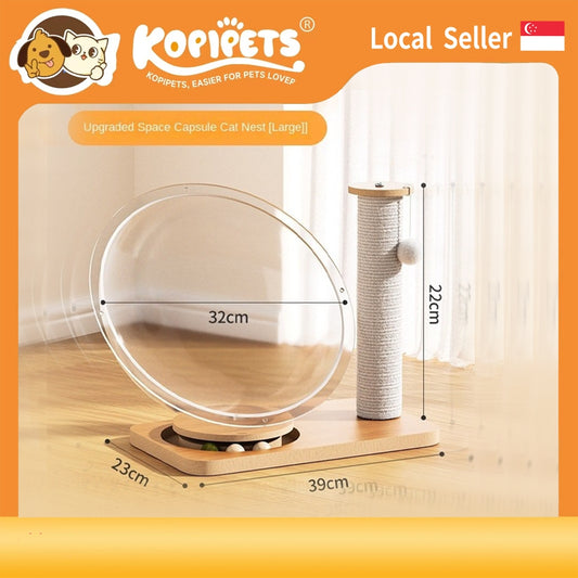 【4-Season】Space Capsule Cat Bed - Acrylic Cooling Pod   Solid Wood Turntable Toy