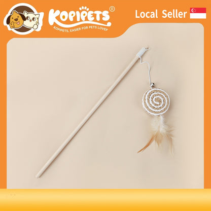 Cotton Linen Cat Teaser Wand with Feather & Bell – Long Handle Interactive Cat Toy for Playful Kittens