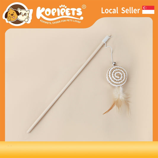 Cotton Linen Cat Teaser Wand with Feather & Bell – Long Handle Interactive Cat Toy for Playful Kittens