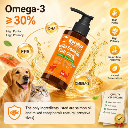 Kopipets Wild Salmon Fish Oil for Cats & Dogs | Shiny Coat Skin reduce shedding High Omega-3 Pet Fish Oil