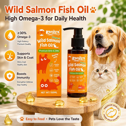 Kopipets Wild Salmon Fish Oil for Cats & Dogs | Shiny Coat Skin reduce shedding High Omega-3 Pet Fish Oil