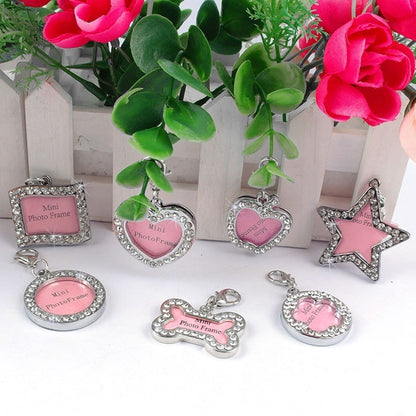 Kopipets Pet Round Diamond ID Tag DIY Handwritten Anti-Lost Name Pendant Heart Charm for Dogs