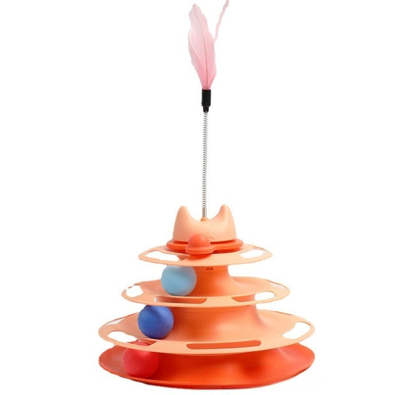 4-Layer Cat Toy Tower Rotating Ball Track with Feather Teaser, Interactive Cat Play Tower