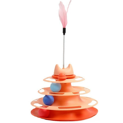 4-Layer Cat Toy Tower Rotating Ball Track with Feather Teaser, Interactive Cat Play Tower