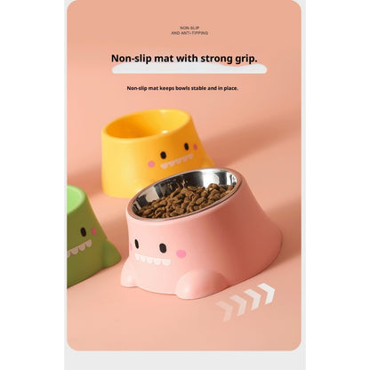 Kopipets Dinosaur Pet Feeding Bowl Tilted Anti-Slip Cat Dog Bowl Stainless Steel Detachable Design 15° Neck Protection