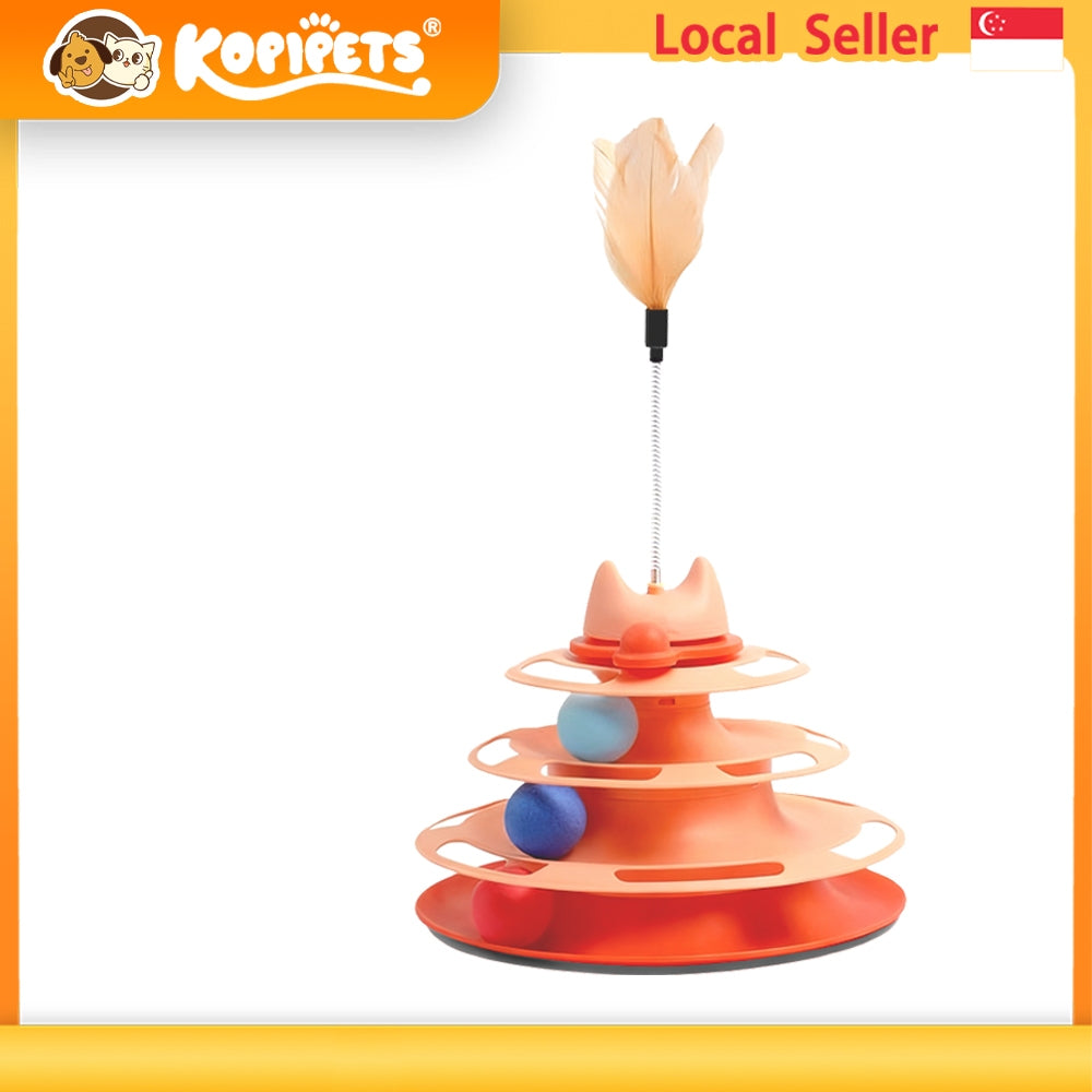 4-Layer Cat Toy Tower Rotating Ball Track with Feather Teaser, Interactive Cat Play Tower