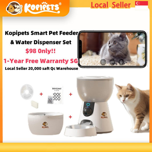 Kopipets Local Seller Smart Pet Feeder(4L) & Water Dispenser(3L) Set with HD Camera WiFi App Control