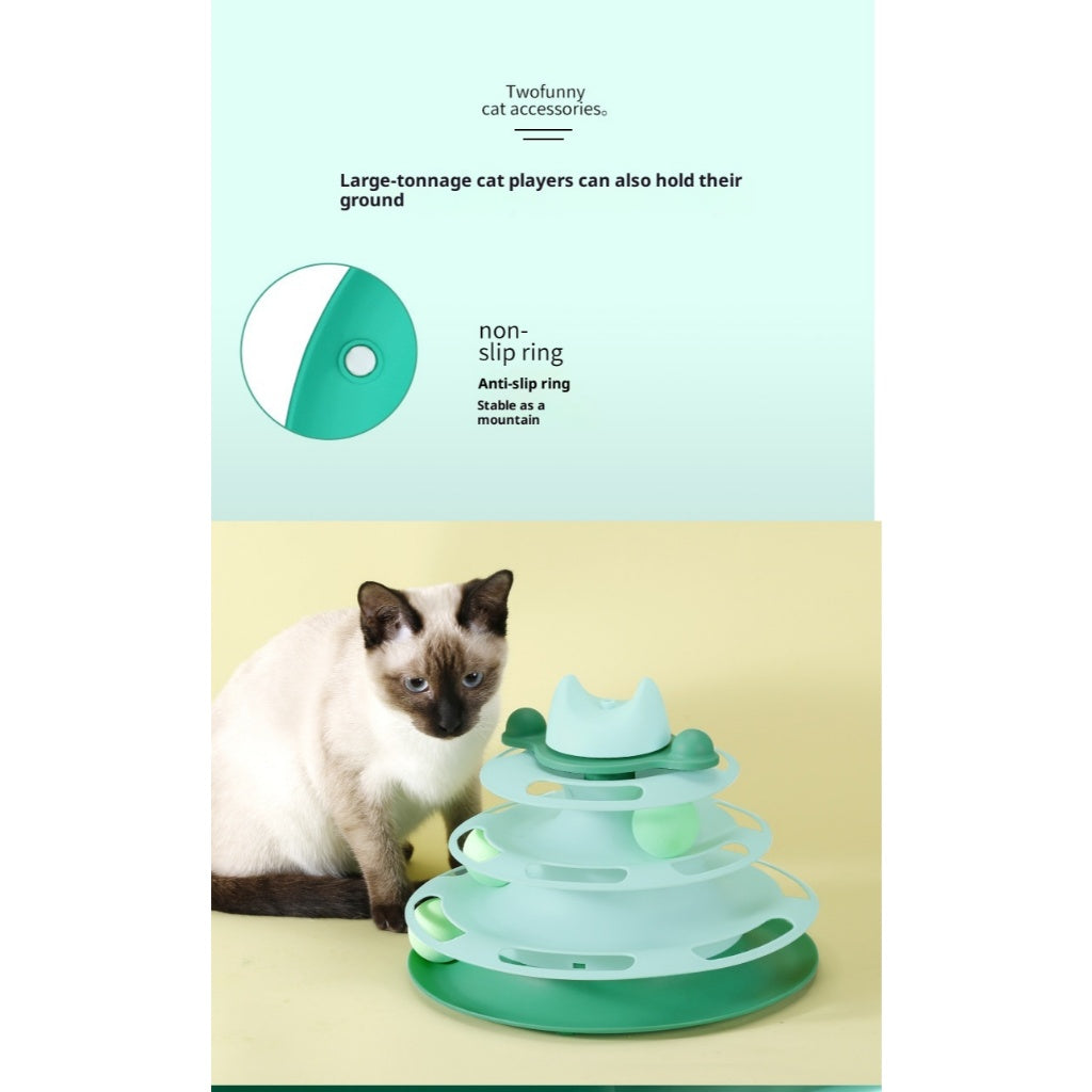 4-Layer Cat Toy Tower Rotating Ball Track with Feather Teaser, Interactive Cat Play Tower