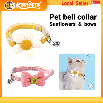 Kopipets Adjustable Cat Collar with Bow, Flower & Bell Soft Breathable Pet Necklace for Cats