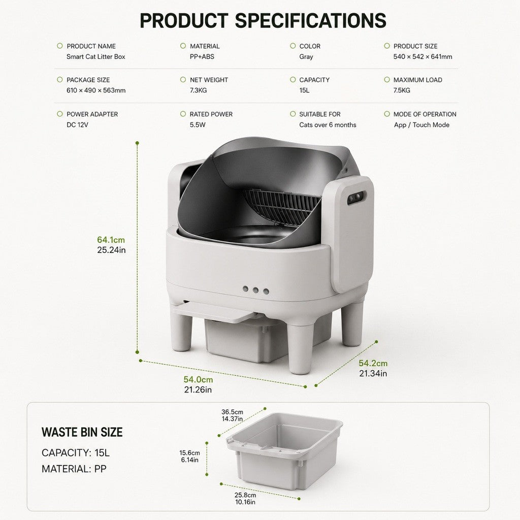 Kopipets Automatic Smart Cat Litter Box APP Control Open Top Self Cleaning Cat Toilet 15L Waste Bin