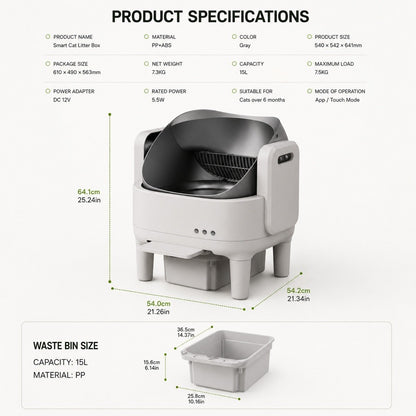 Kopipets Automatic Smart Cat Litter Box APP Control Open Top Self Cleaning Cat Toilet 15L Waste Bin
