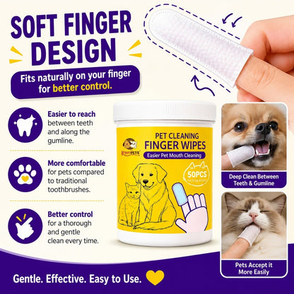 Kopipets Pet Finger Wet Wipes – 50pcs | Gentle Tooth & Ear Wipes for Dogs and Cats | Natural Plant