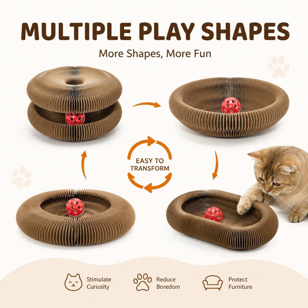 KOPIPETS Accordion Cat Scratcher Toy Magnetic Cardboard Cat Scratch Board Bell Ball Catnip Interactive Cat Toy