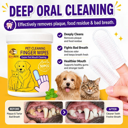 Kopipets Pet Finger Wet Wipes – 50pcs | Gentle Tooth & Ear Wipes for Dogs and Cats | Natural Plant