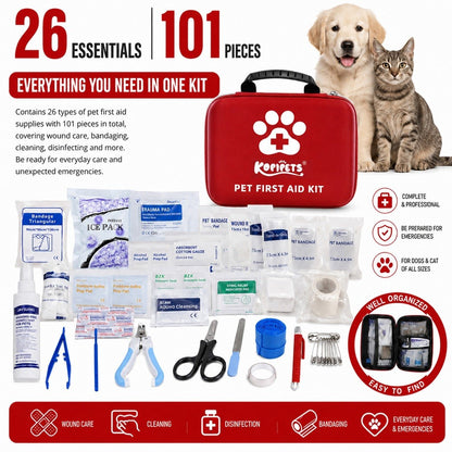 KOPIPETS Pet First Aid Kit 101PCS Emergency Medical Kit for Dogs Cats Travel Home Outdoor EVA Case