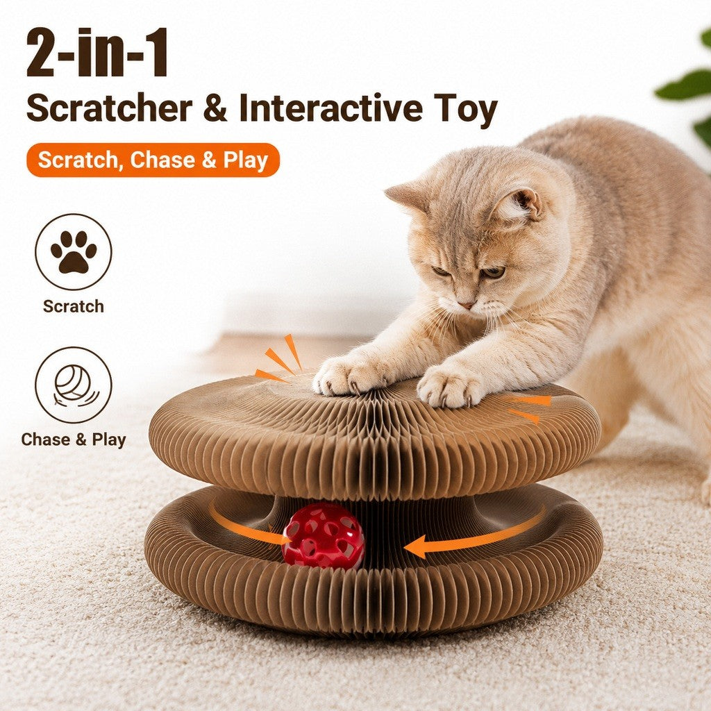KOPIPETS Accordion Cat Scratcher Toy Magnetic Cardboard Cat Scratch Board Bell Ball Catnip Interactive Cat Toy