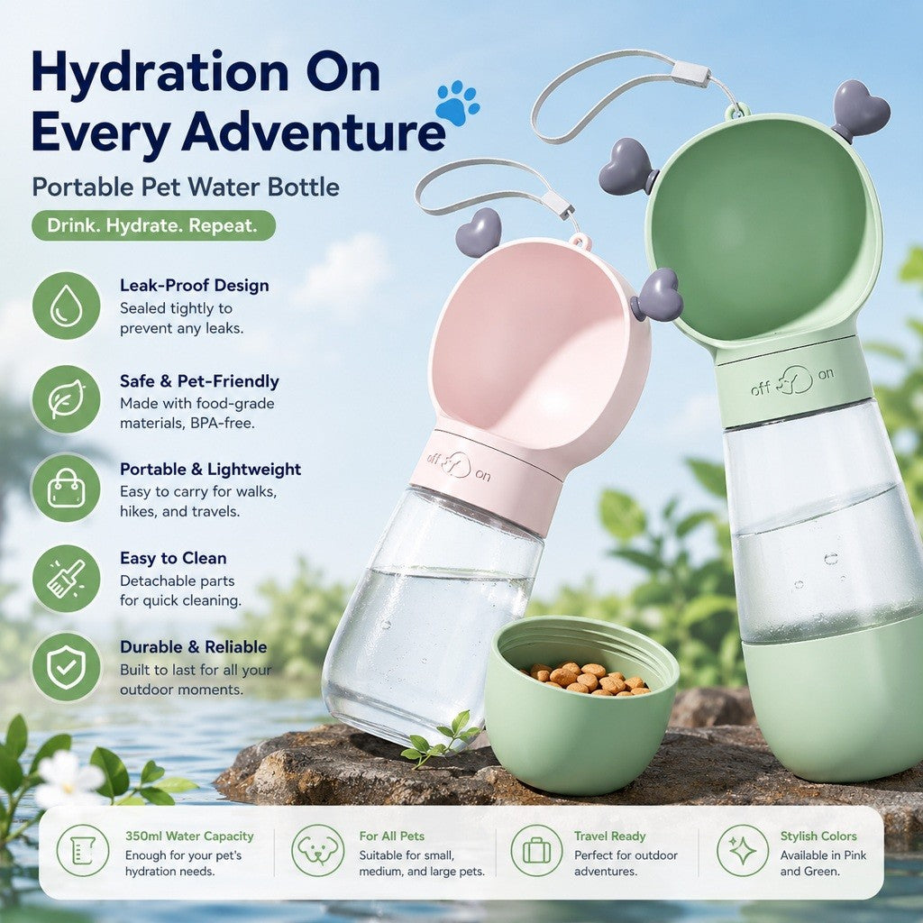 Portable Pet Water Bottle Outdoor Travel Water Dispenser, 2-in-1 Feeding and Drinking Bottle