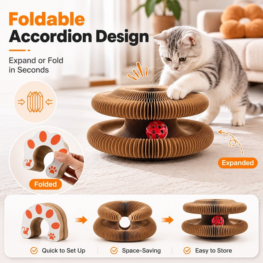 KOPIPETS Accordion Cat Scratcher Toy Magnetic Cardboard Cat Scratch Board Bell Ball Catnip Interactive Cat Toy