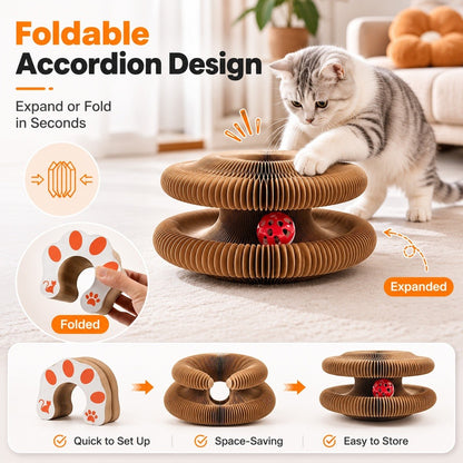 KOPIPETS Accordion Cat Scratcher Toy Magnetic Cardboard Cat Scratch Board Bell Ball Catnip Interactive Cat Toy