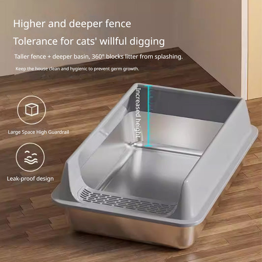 Kopipets Stainless Steel Large Cat Litter Box Open Top Anti-Splash High Wall Durable Pet Toilet for Cats