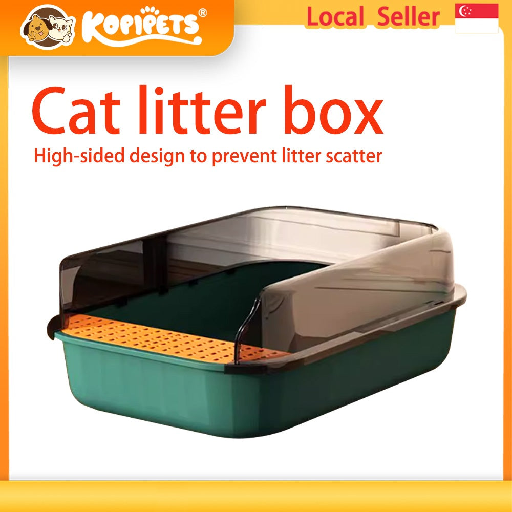 Kopipets Extra Large Semi-Enclosed Cat Litter Box Anti-Splash High Wall Open Design Pet Toilet with Scoop