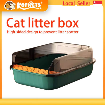 Kopipets Extra Large Semi-Enclosed Cat Litter Box Anti-Splash High Wall Open Design Pet Toilet with Scoop