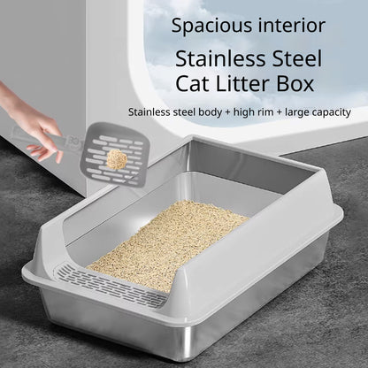 Kopipets Stainless Steel Large Cat Litter Box Open Top Anti-Splash High Wall Durable Pet Toilet for Cats