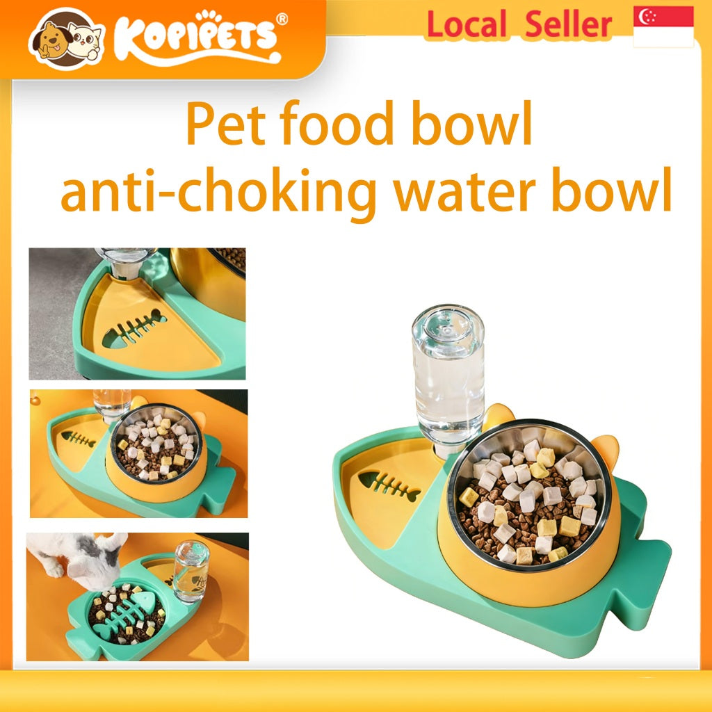 Kopipets 3-in-1 Fish-Shaped Pet Bowl Cat Dog Water & Food Feeder Stainless Steel