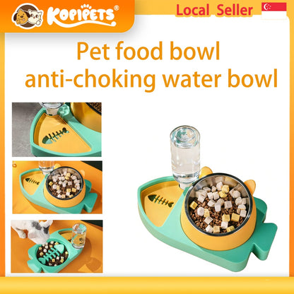 Kopipets 3-in-1 Fish-Shaped Pet Bowl Cat Dog Water & Food Feeder Stainless Steel