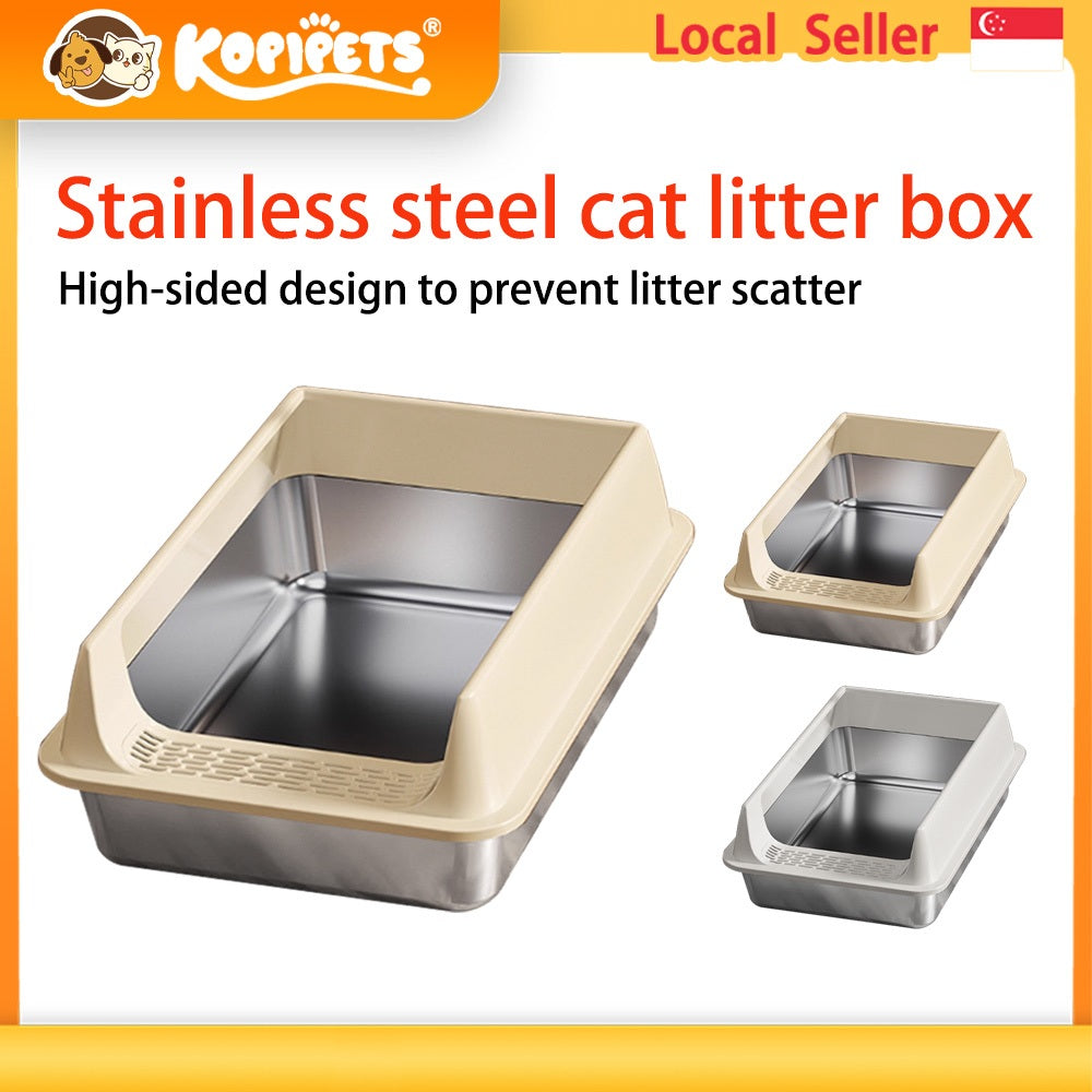 Kopipets Stainless Steel Large Cat Litter Box Open Top Anti-Splash High Wall Durable Pet Toilet for Cats