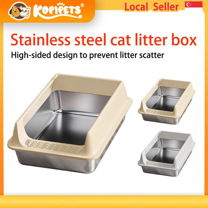 Kopipets Stainless Steel Large Cat Litter Box Open Top Anti-Splash High Wall Durable Pet Toilet for Cats