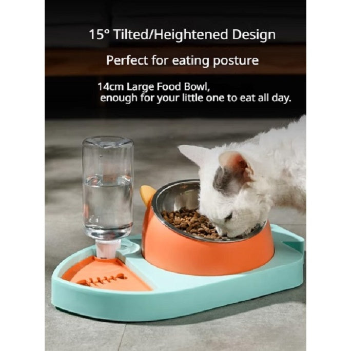 Kopipets 3-in-1 Fish-Shaped Pet Bowl Cat Dog Water & Food Feeder Stainless Steel