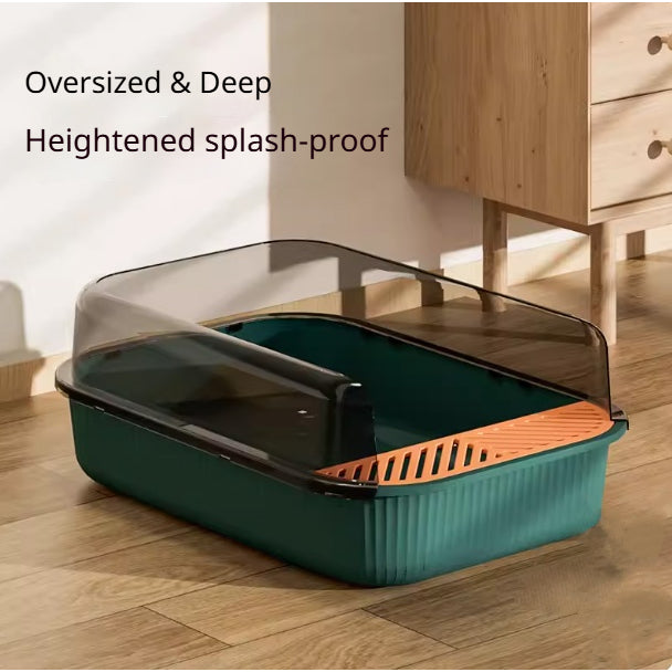 Kopipets Extra Large Semi-Enclosed Cat Litter Box Anti-Splash High Wall Open Design Pet Toilet with Scoop