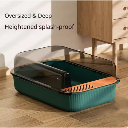 Kopipets Extra Large Semi-Enclosed Cat Litter Box Anti-Splash High Wall Open Design Pet Toilet with Scoop