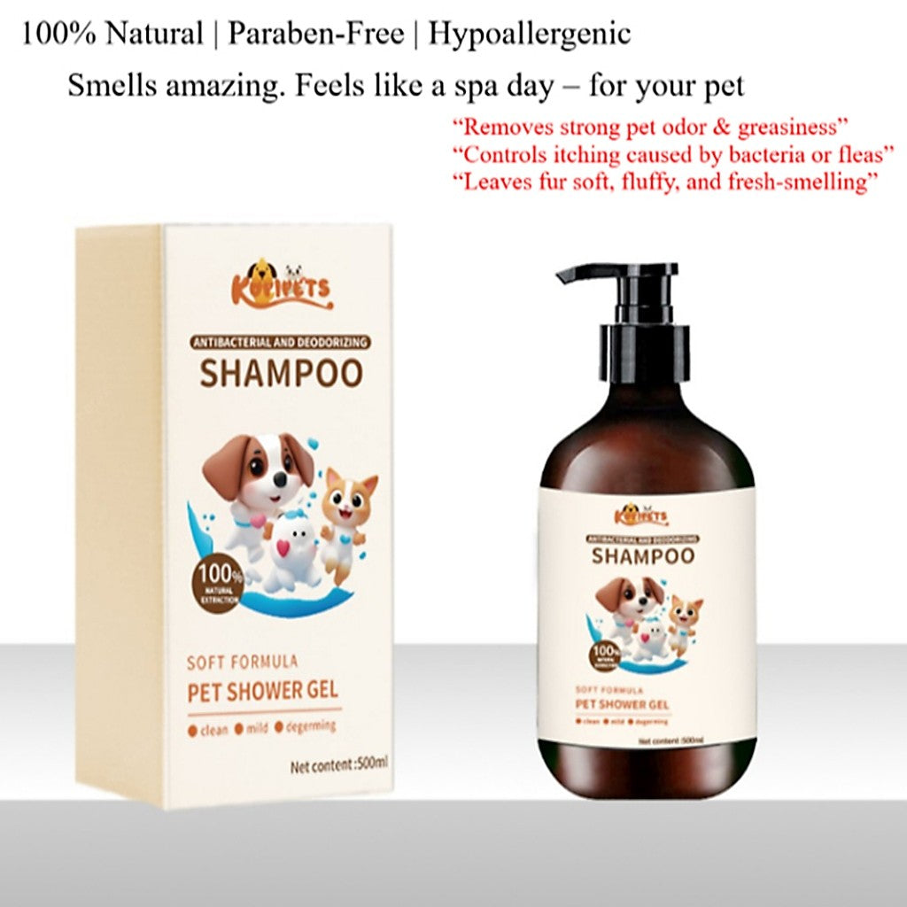 Kopipets 3-Piece Set Natural Pet Shampoo for Dogs & Cats 500ml Anti-Itch Odor Control + Free Towel & Bath Brush
