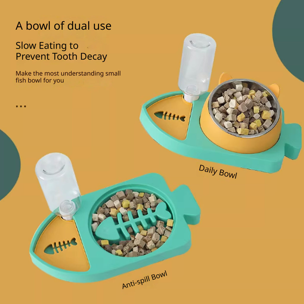Kopipets 3-in-1 Fish-Shaped Pet Bowl Cat Dog Water & Food Feeder Stainless Steel